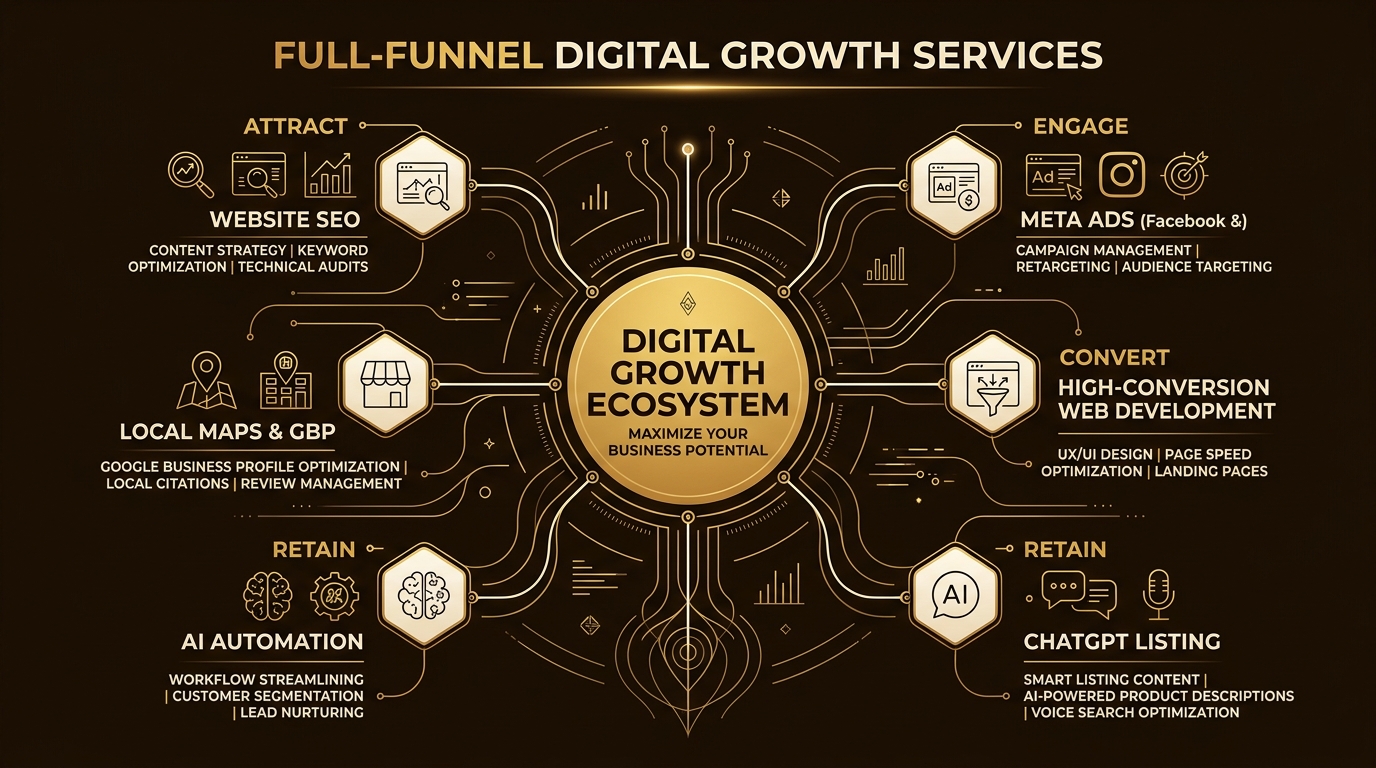 Full-funnel digital growth services ecosystem covering SEO, Local Maps, Meta Ads, and Web Development