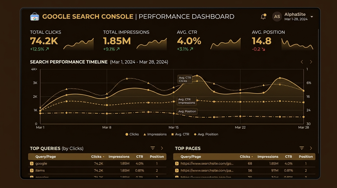 Google Search Console search analytics dashboard tracking organic clicks, impressions, and SERP positions